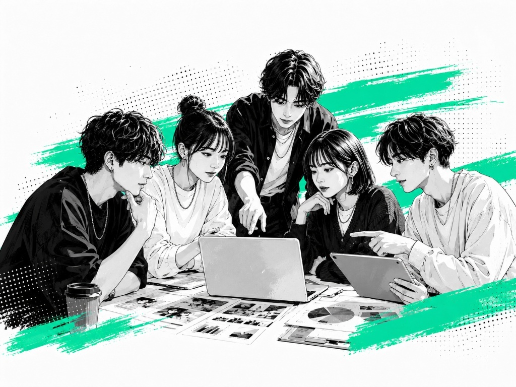Z世代の若手チームがノートPCを囲んで採用戦略を議論している様子